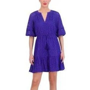 NWT $168 Vince Camuto PURPLE Eyelet Embroidered Tiered Ruffle V Neck Dress